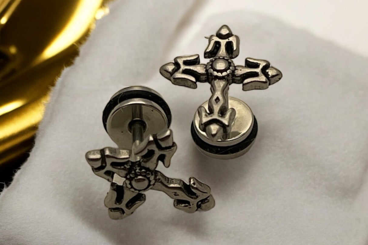 Edelstahl Ohrstecker "Silver Cross" mit Drehverschluss